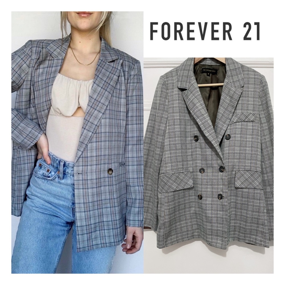 Forever 21 Gray Plaid Double-Breasted Blazer